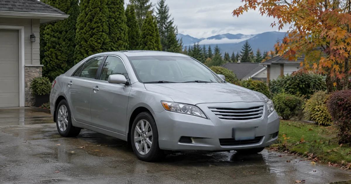 Silver sedan parked on a wet suburban driveway with evergreen trees and mountains behind