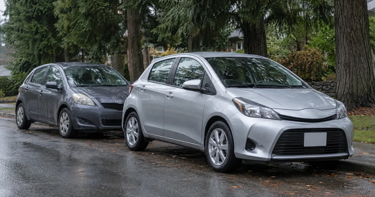 Two similar silver and grey hatchbacks parked on a wet tree-lined residential street
