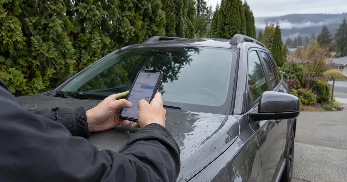 Hands typing a message on a phone while leaning on the hood of a grey SUV
